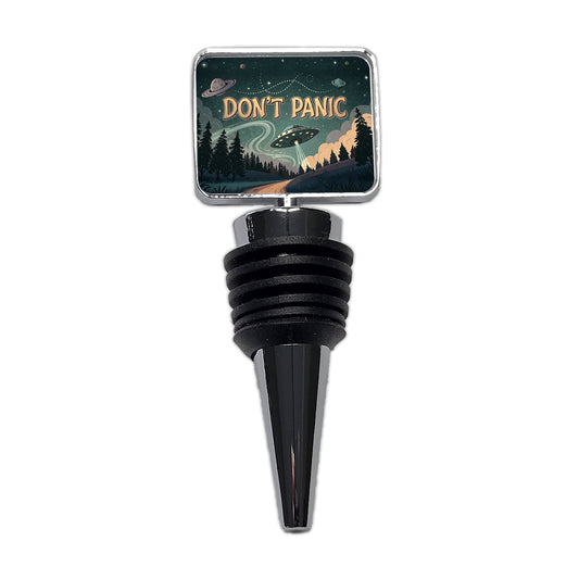 Don't Panic Retro UFO Invasion Funny Wine Bottle Stopper