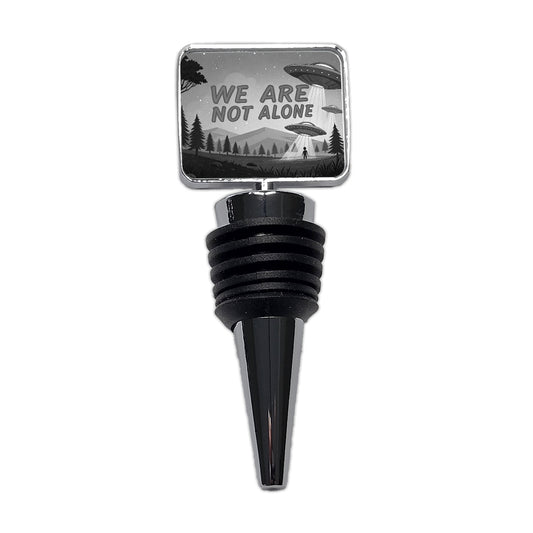 We Are Not Alone Funny Retro UFO Black And White Wine Bottle Stopper