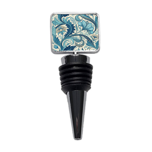 Art Nouveau Blue Leaf Flowers Wine Bottle Stopper