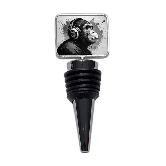 Artsy B&W Monkey with Headphones Wine Bottle Stopper