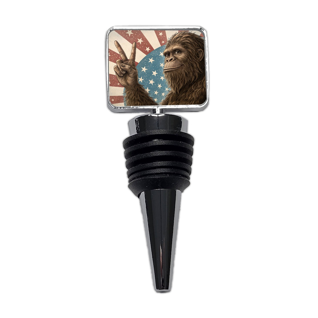 Bigfoot Giving Peace Sign Rising American Flag Wine Bottle Stopper