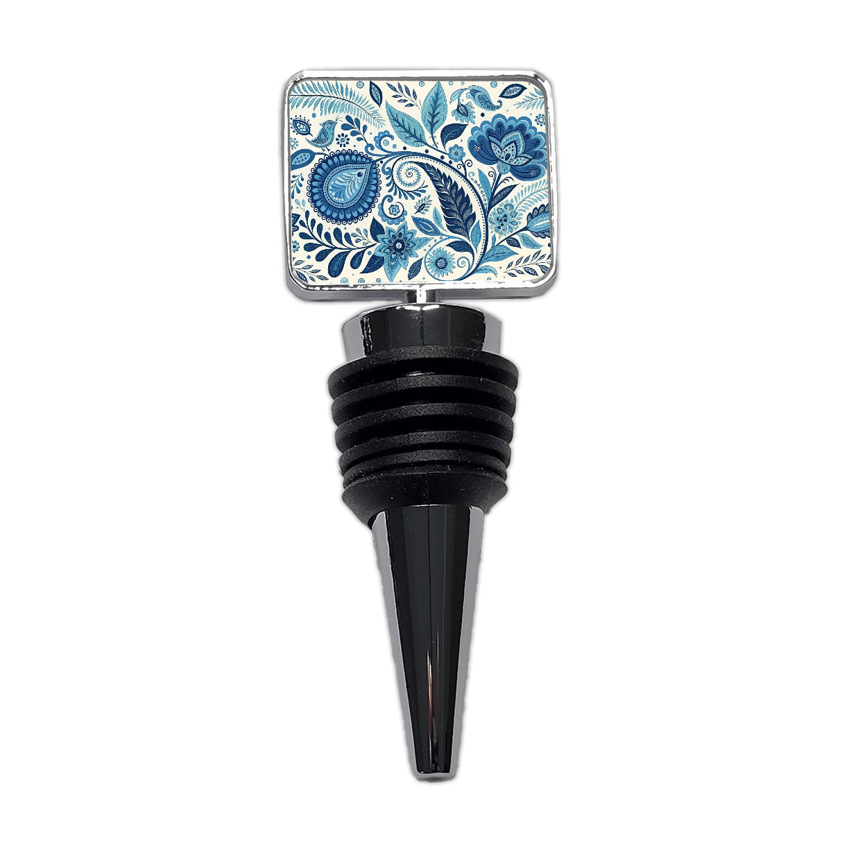Blue Traditional Folk Art Floral Pattern Wine Bottle Stopper