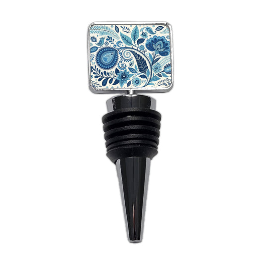 Blue Traditional Folk Art Floral Pattern Wine Bottle Stopper