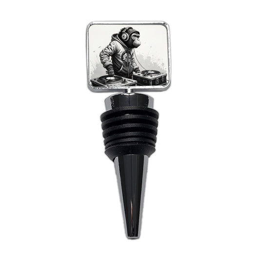 DJ Monkey with Headphones B&W Wine Bottle Stopper