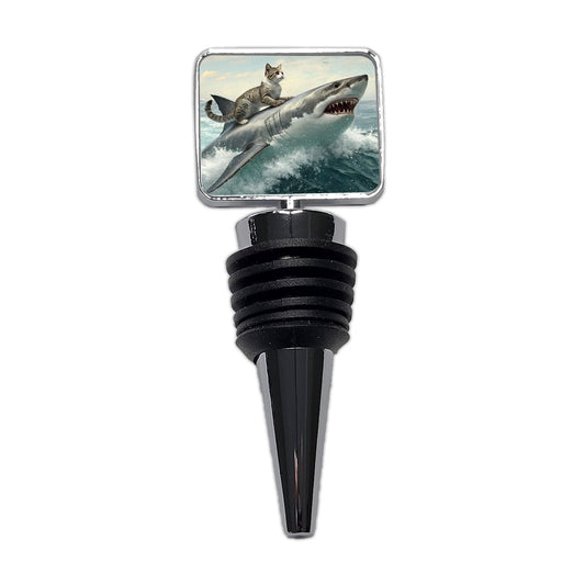 Cat Riding Shark Funny Wine Bottle Stopper