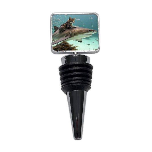 Cat Riding Shark Under Water Wine Bottle Stopper
