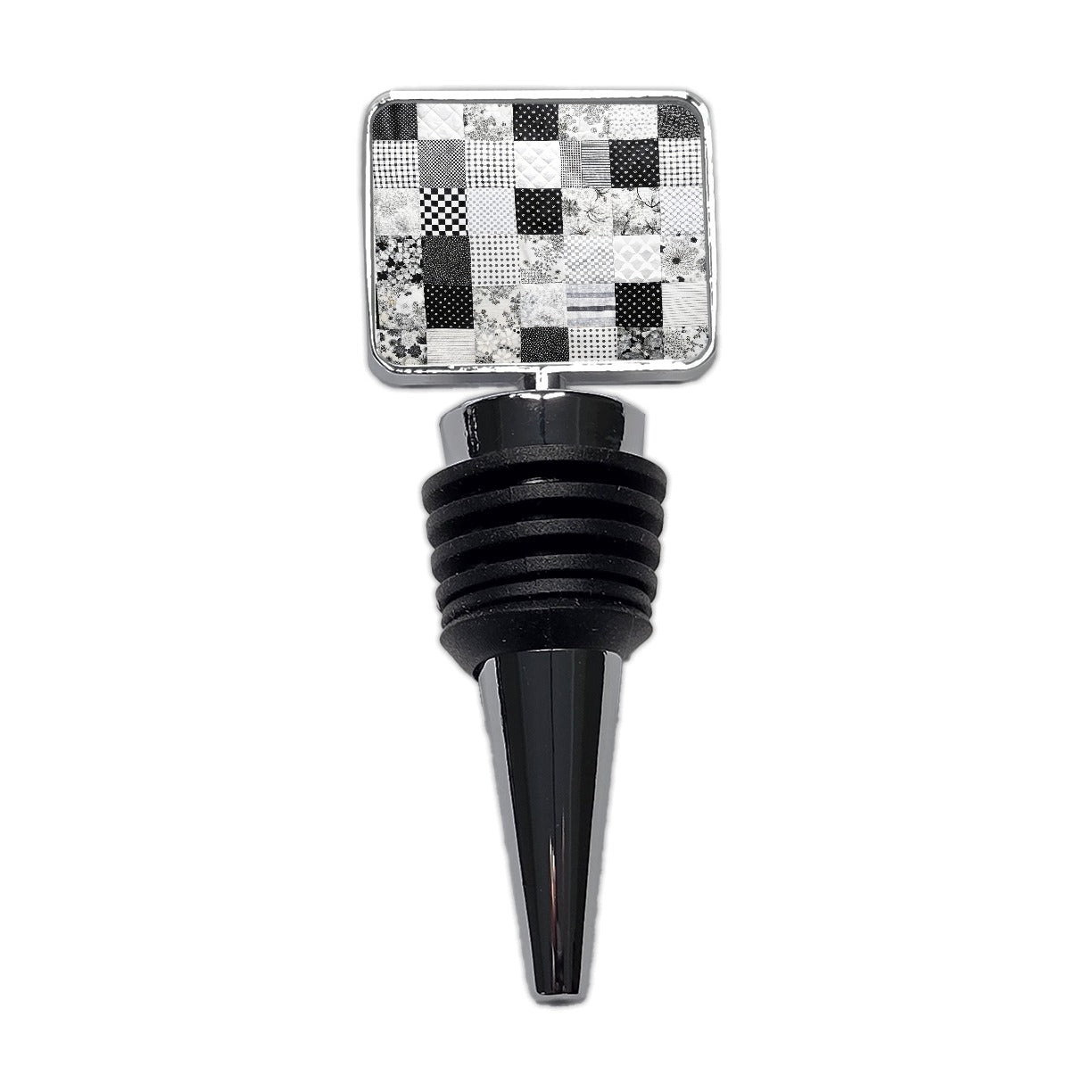 Patchwork Quilt Black White Wine Bottle Stopper