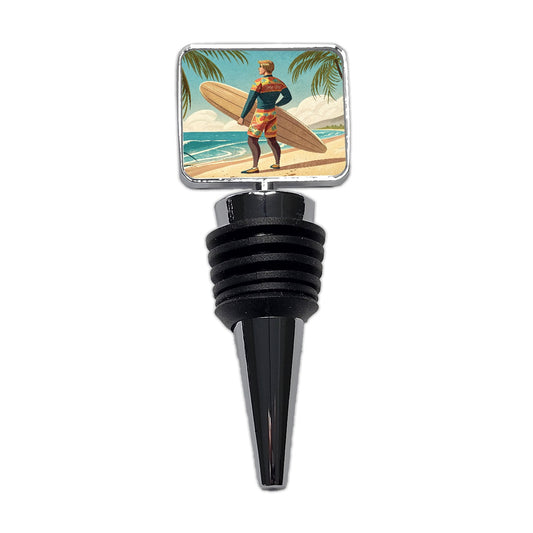 Retro Surfer Beach Scene Wine Bottle Stopper