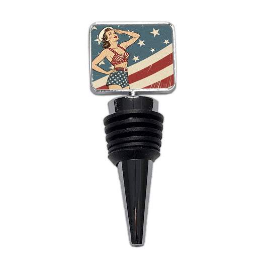 Vintage American Flag Pinup Woman Wine Bottle Stopper