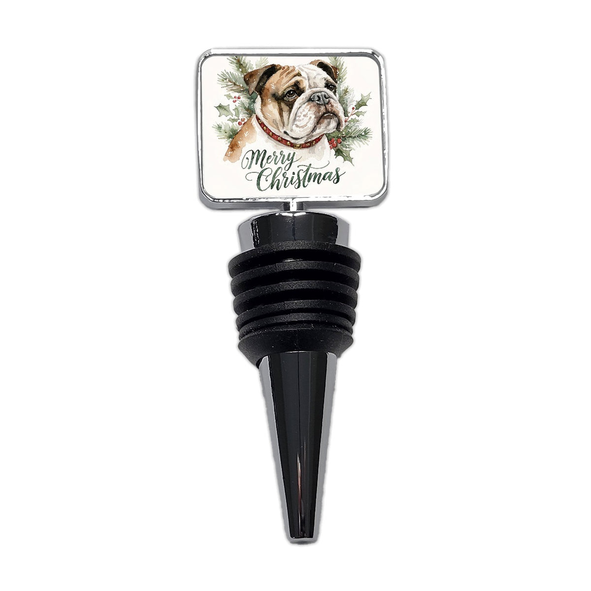 Bulldog Merry Christmas Watercolor Wine Bottle Stopper