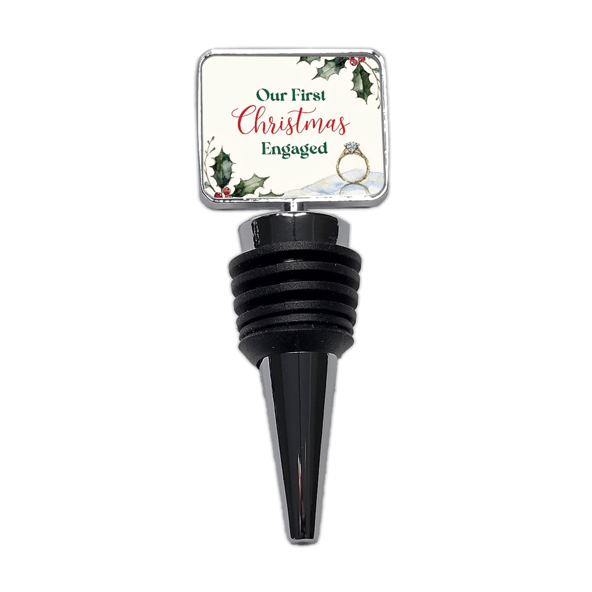 First Christmas Engaged Ring Holly Wine Bottle Stopper