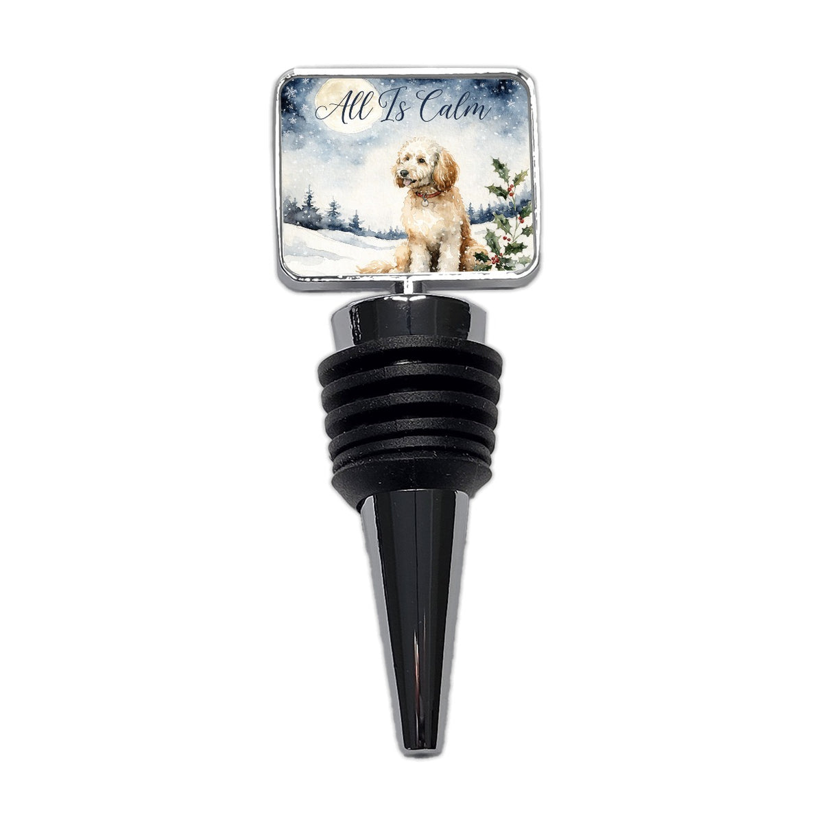 Goldendoodle Dog All Is Calm Christmas Wine Bottle Stopper