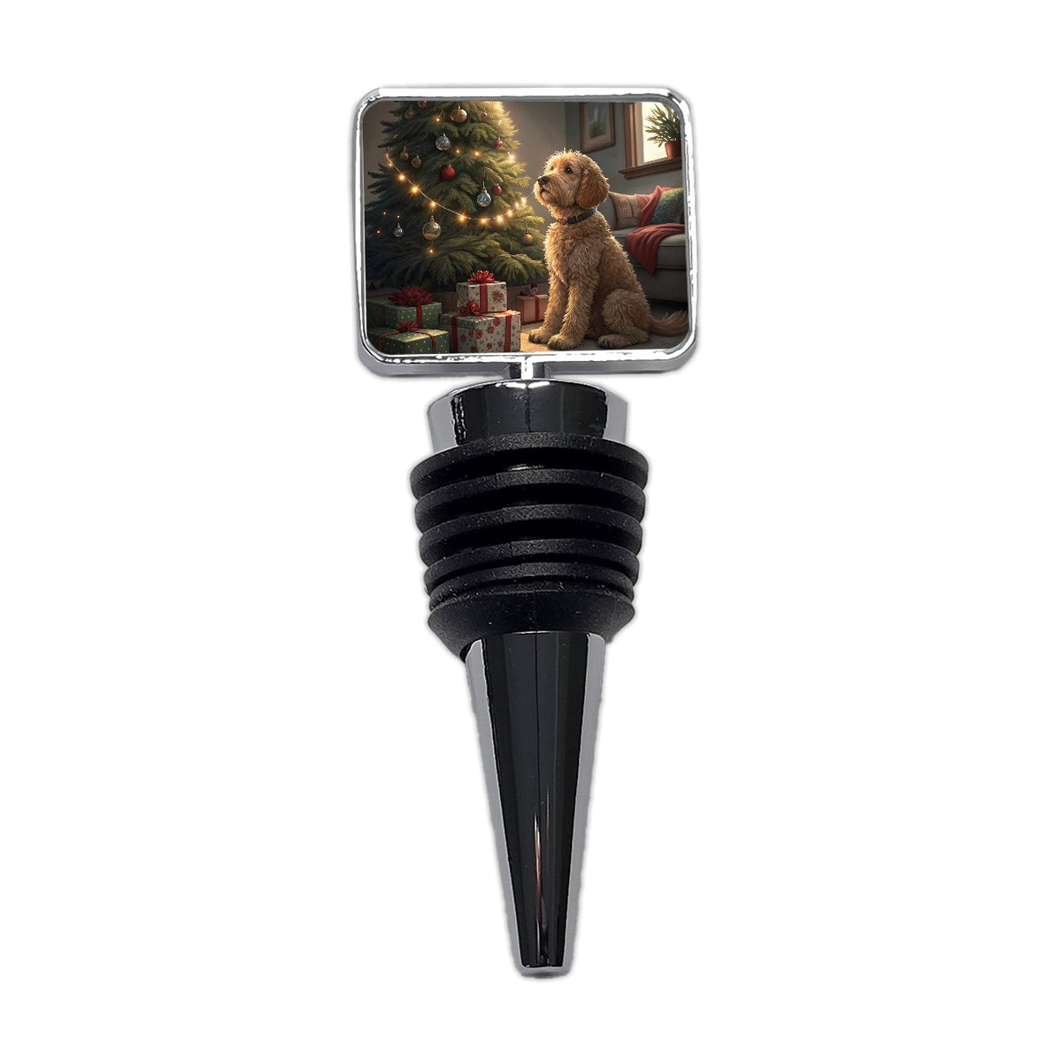Goldendoodle Sitting Christmas Wine Bottle Stopper