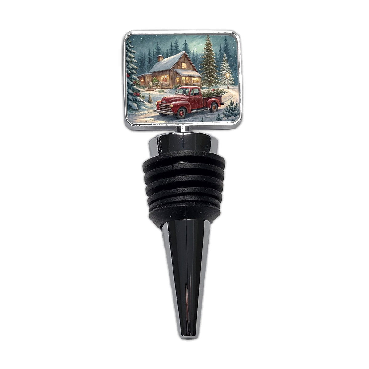 Vintage Americana Christmas Tree In Red Truck Wine Bottle Stopper