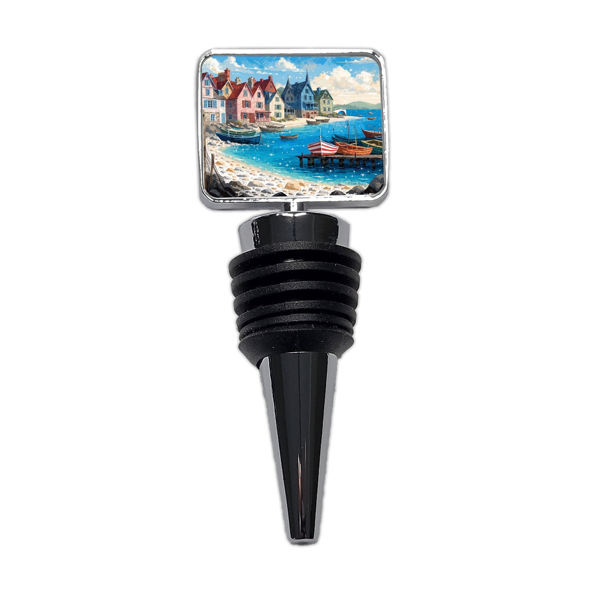Colorful Coastal Fishing Village Wine Bottle Stopper