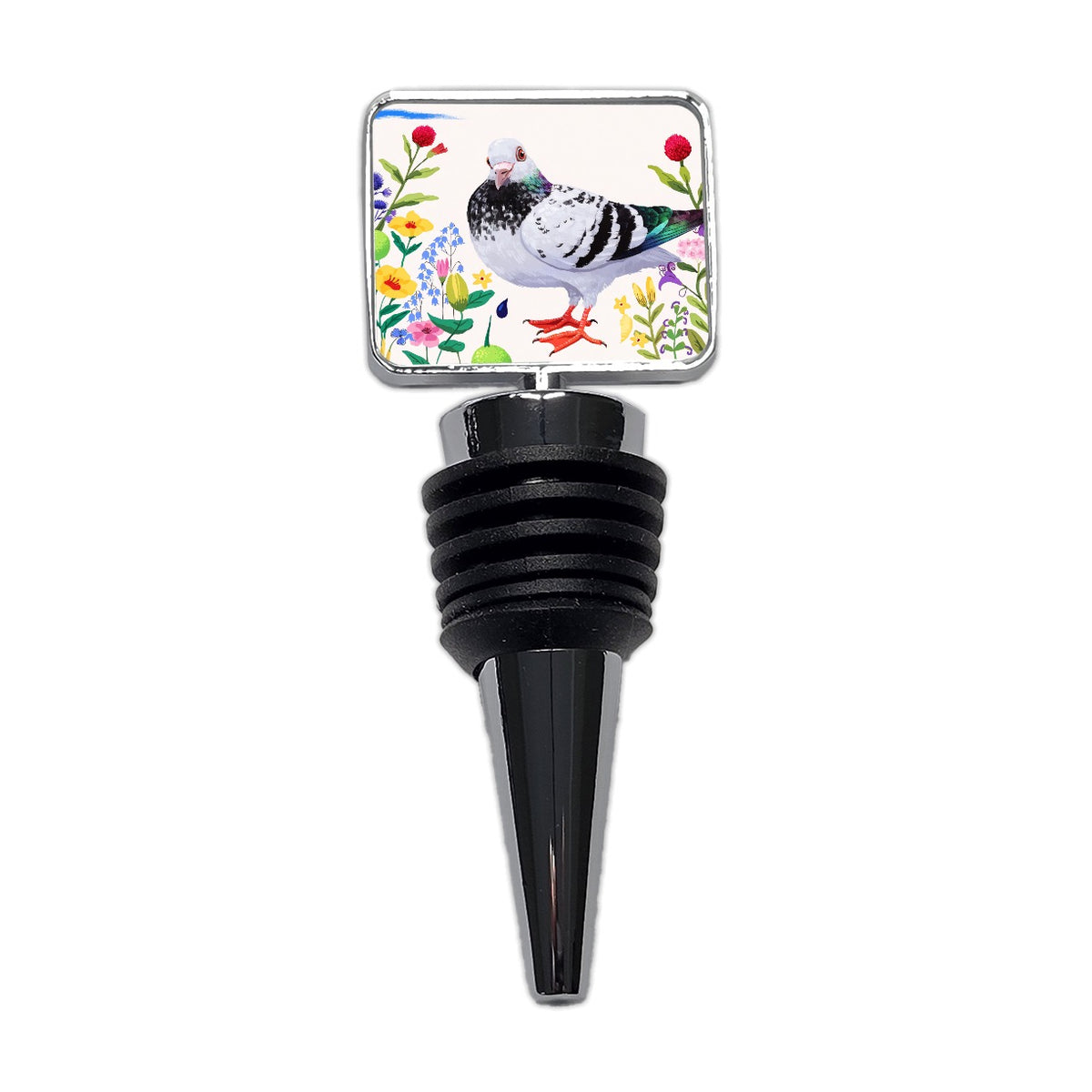 Pigeon With Wildflowers Wine Bottle Stopper