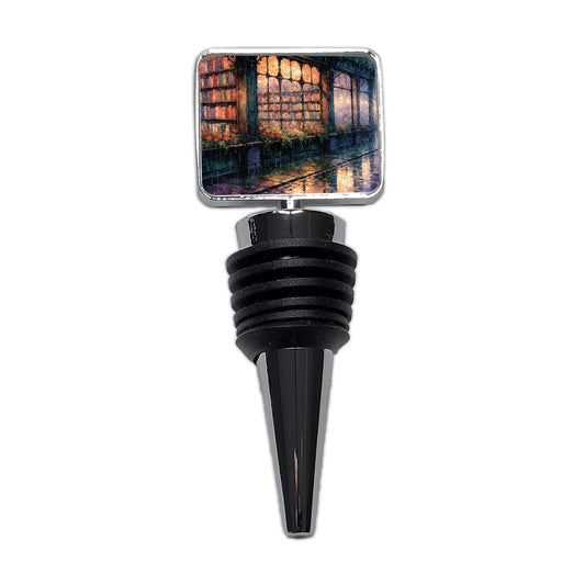Rainy Bookshop Street Wine Bottle Stopper