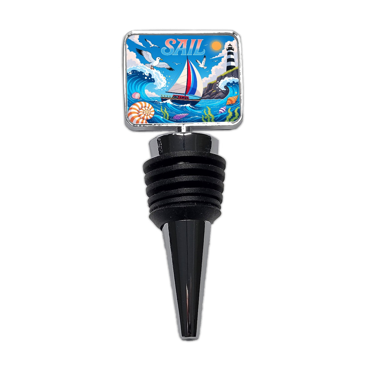Sail Colorful Sailboat Lighthouse Birds Wine Bottle Stopper